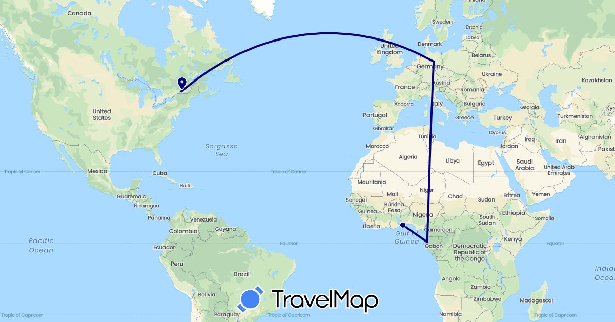 TravelMap itinerary: driving in Canada, Germany, Gabon, Togo (Africa, Europe, North America)